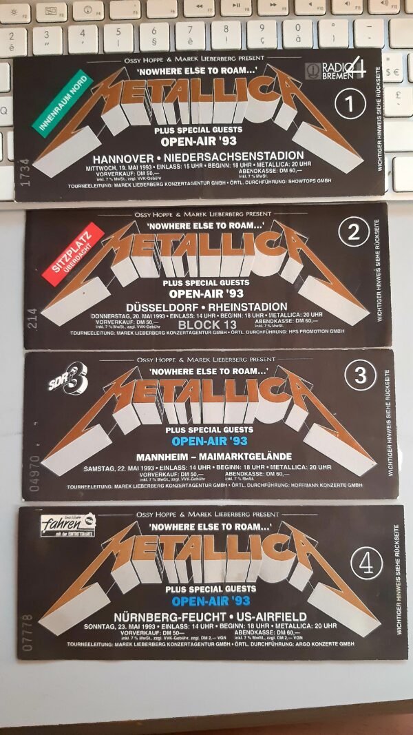 Ticket Metallica Black Album Tour Europe 1993 / OEUVRE DE 80 X 178 CM  ENCADRÉE / 4 CHOIX POSSIBLES / TARIF TAXES COMPRISES DONT 20% DE TVA EN FRANCE / 5.5% EN EUROPE / TARIF NET POUR LES PAYS HORS C.E.E ( EUROPE )