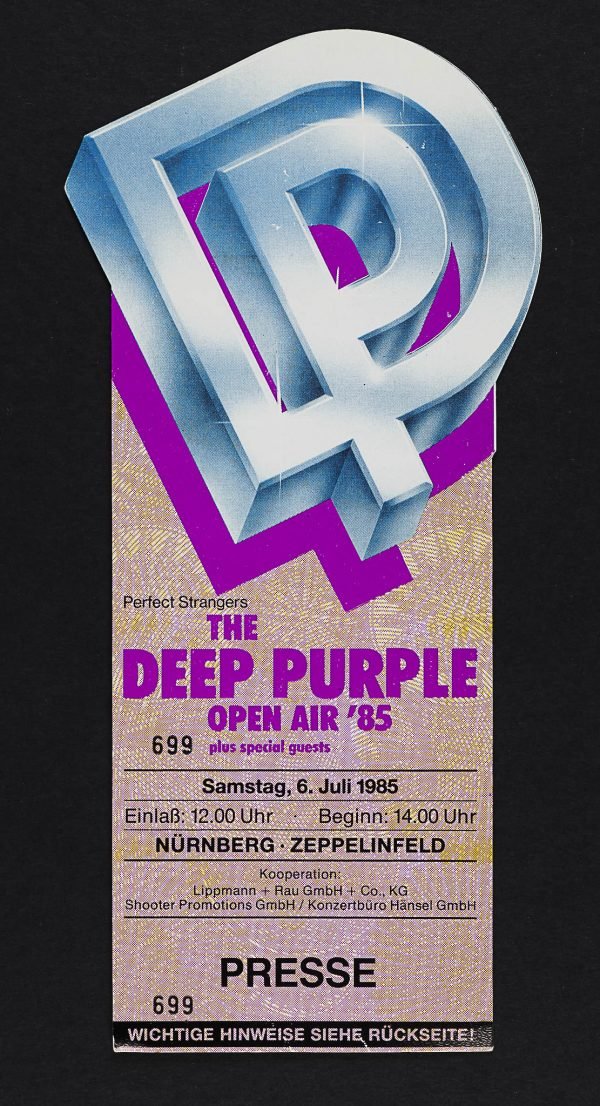Ticket Deep Purple 1985 / 80 x 160 CM /  HORS ENCADREMENT / TARIF HORS TAXES