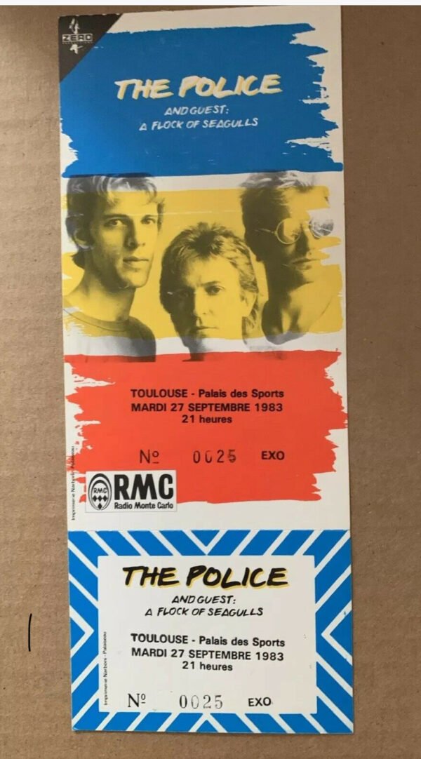 Ticket THE POLICE / TOULOUSE 1983 / OEUVRE DE 90 X 216 CM ENCADRÉE / TARIF HORS TAXES