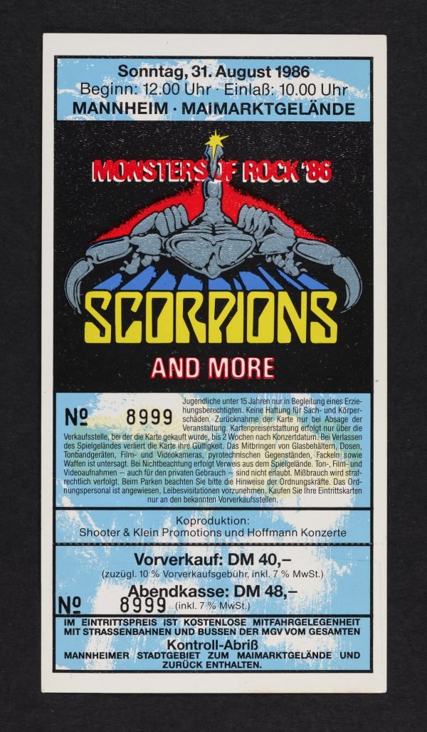 Ticket Scorpions Monsters Of Rock 1986 / OEUVRE DE 80 x 150 CM ENCADRÉE / TARIF TAXES COMPRISES DONT 20% DE TVA EN FRANCE / 5.5% EN EUROPE / TARIF NET POUR LES PAYS HORS C.E.E ( EUROPE )