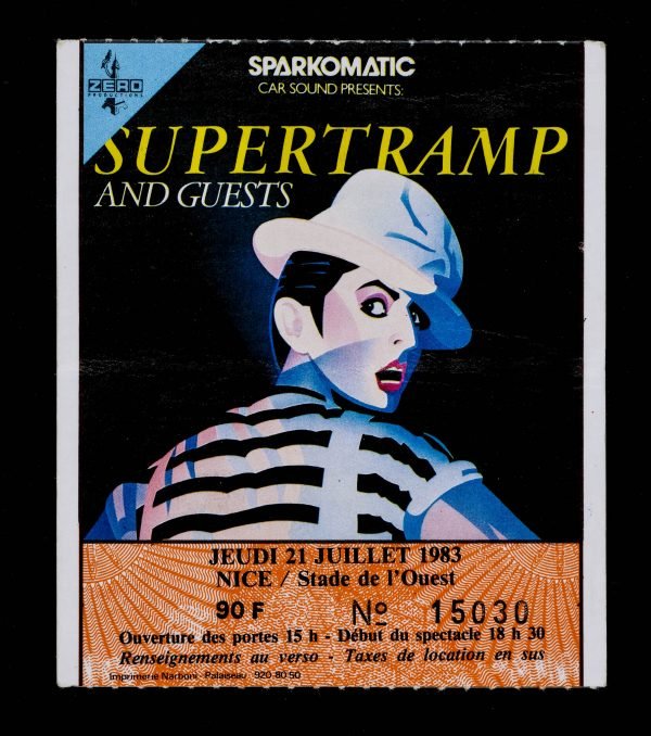 Ticket Supertramp Tour 1983 / OEUVRE DE 80 x 100 CM ENCADRÉE / TARIF TAXES COMPRISES DONT 20% DE TVA EN FRANCE / 5.5% EN EUROPE / TARIF NET POUR LES PAYS HORS C.E.E ( EUROPE )