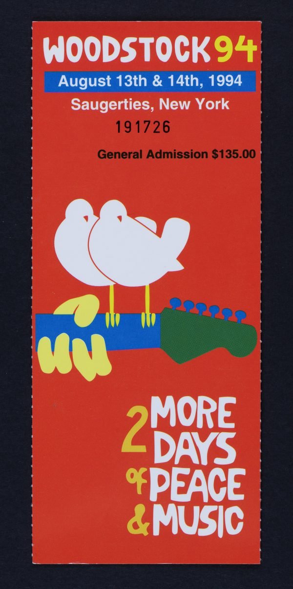 Ticket Woodstock 1994 / 80 x 150 CM ENCADRÉE / TARIF TAXES COMPRISES DONT 20% DE TVA EN FRANCE / 5.5% EN EUROPE / TARIF NET POUR LES PAYS HORS C.E.E ( EUROPE )