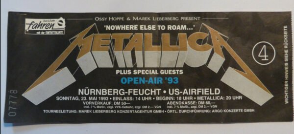Ticket Metallica Black Album Tour Europe 1993 / OEUVRE DE 80 X 178 CM  ENCADRÉE / 4 CHOIX POSSIBLES / TARIF TAXES COMPRISES DONT 20% DE TVA EN FRANCE / 5.5% EN EUROPE / TARIF NET POUR LES PAYS HORS C.E.E ( EUROPE ) – Image 4